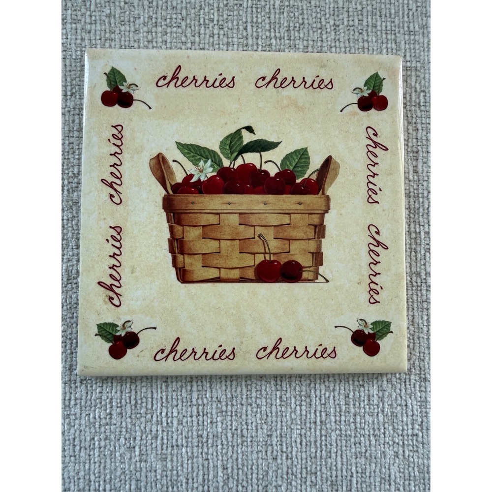 RARE HTF Longaberger "Cherries" Basket Ceramic 6.5" Trivet Wall Hanging Cottage